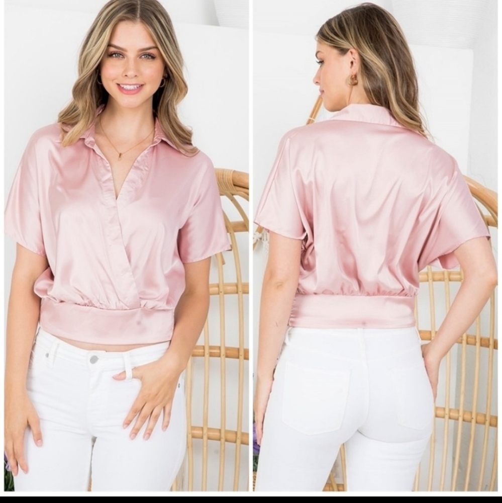Satin Silk Feel Faux Wrap V Neck Collared Blouse Blush Pink